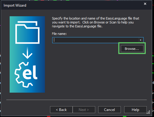 Import Wizard file name field with the Browse button highlighted